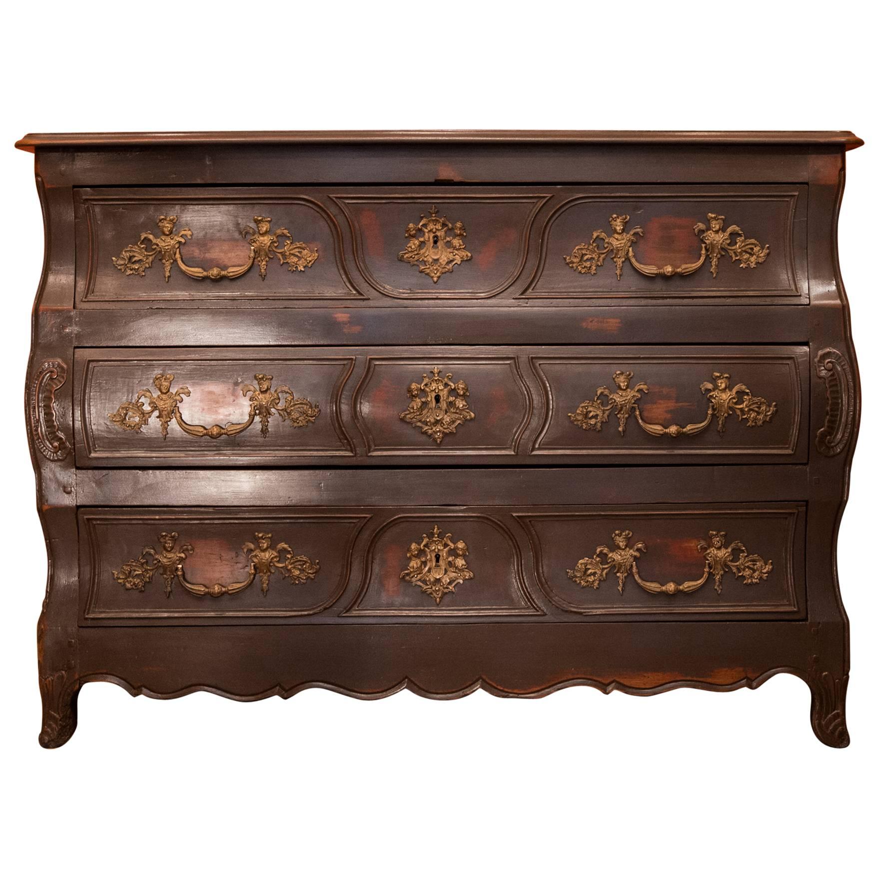 French Mid-18th Century Painted Fruitwood Castle Serpentine Commode Circa 1750 For Sale