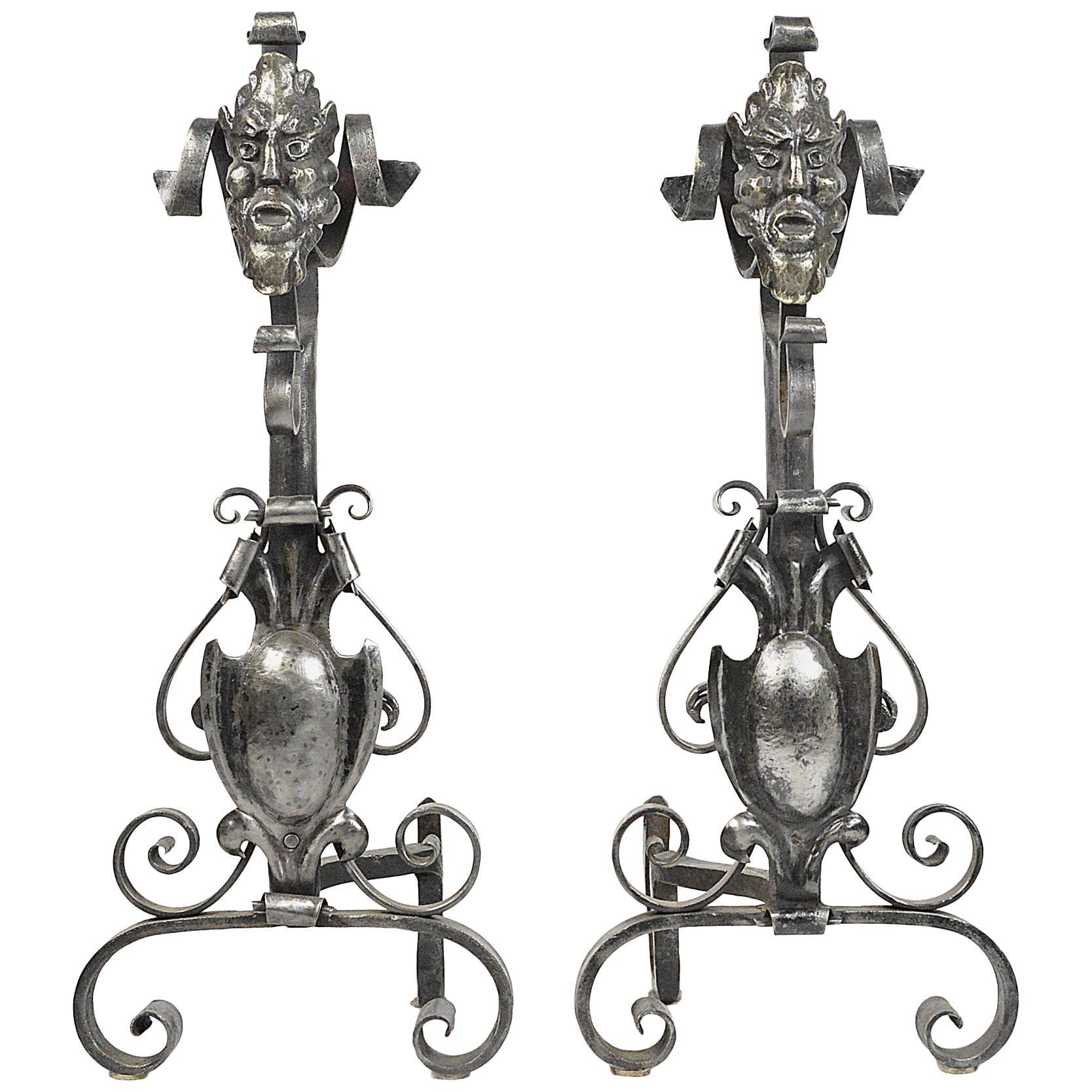 Pair of Figural Andirons in Polished Steel For Sale