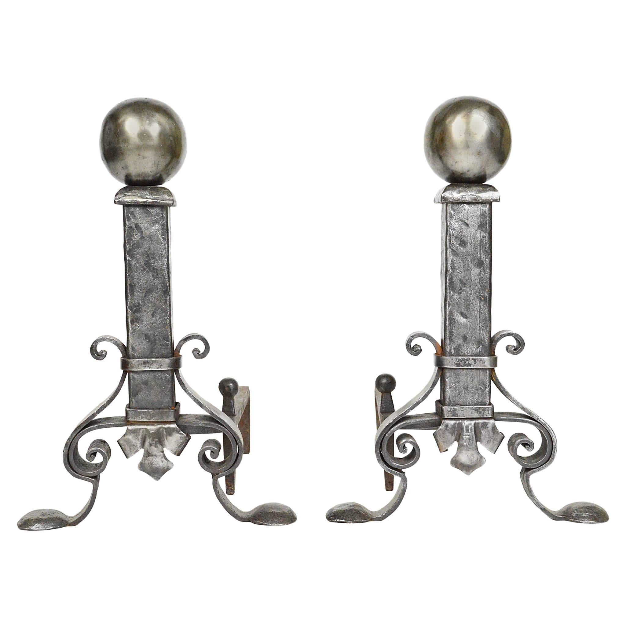 Pair of Hammered Polished Steel Andirons For Sale