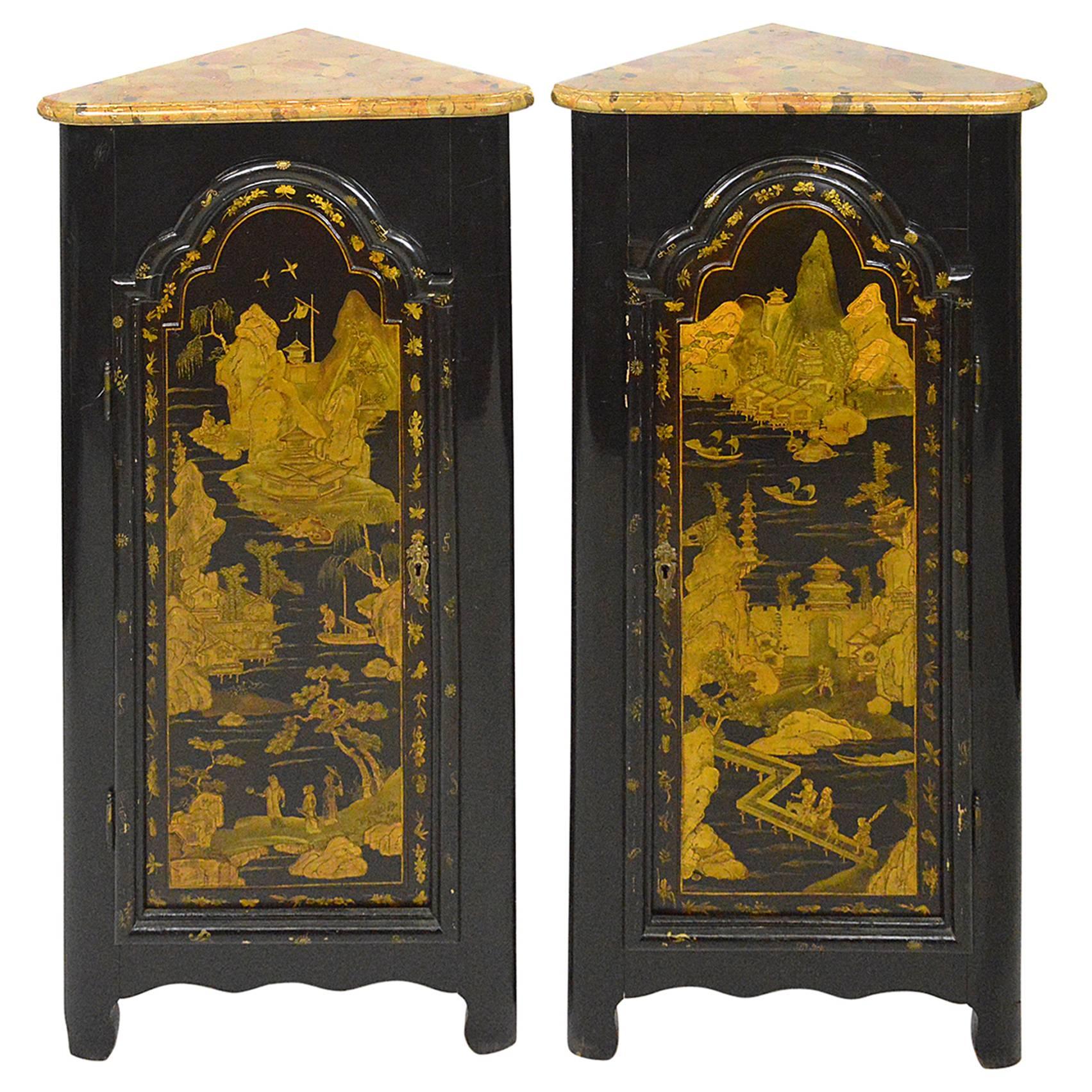 Pair of English Chinoiserie Corner Cabinets For Sale