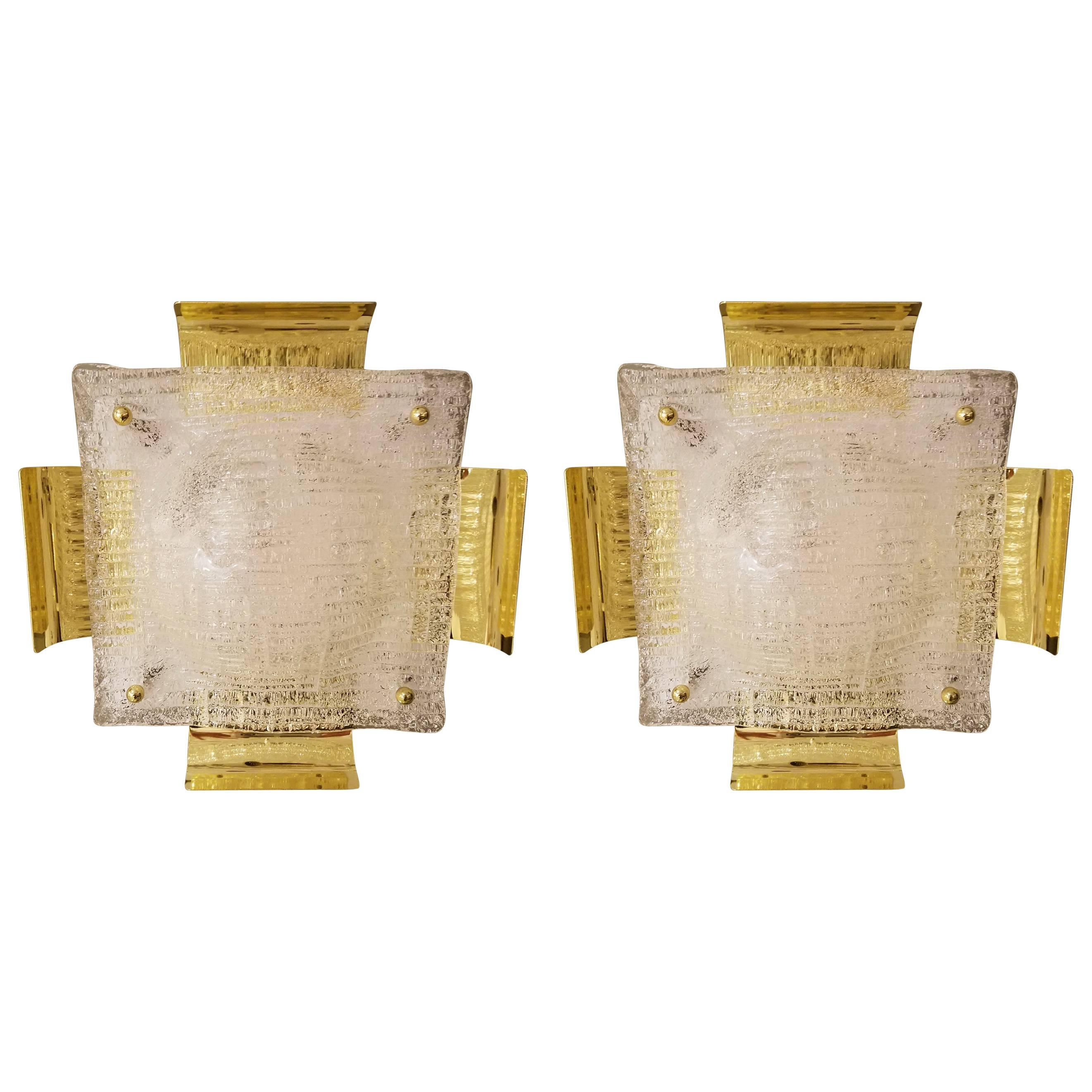 Pair of Kalmar Austrian Mid-Century Brass and Glass Sconces For Sale