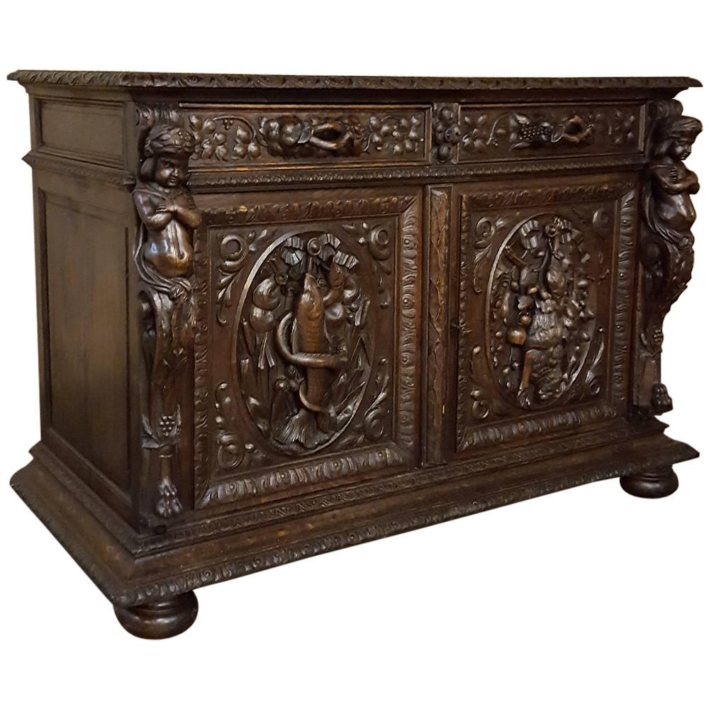19th Century French Renaissance Hand-Carved Solid Oak Hunt Buffet, circa 1850s