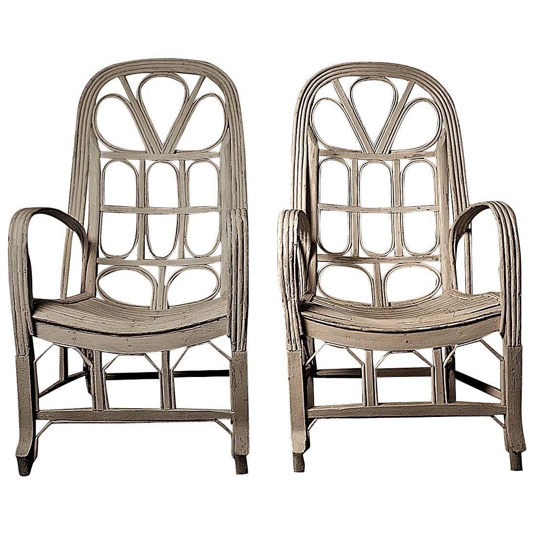 Pair of Large Elegant White Cane Conservatoire Chairs, France, 20th Century