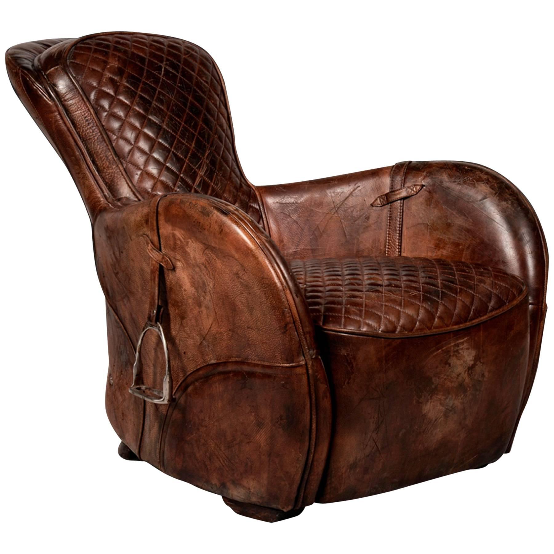 Saddle Old Brown Armchair in Genuine Vintage Brown Leather For Sale