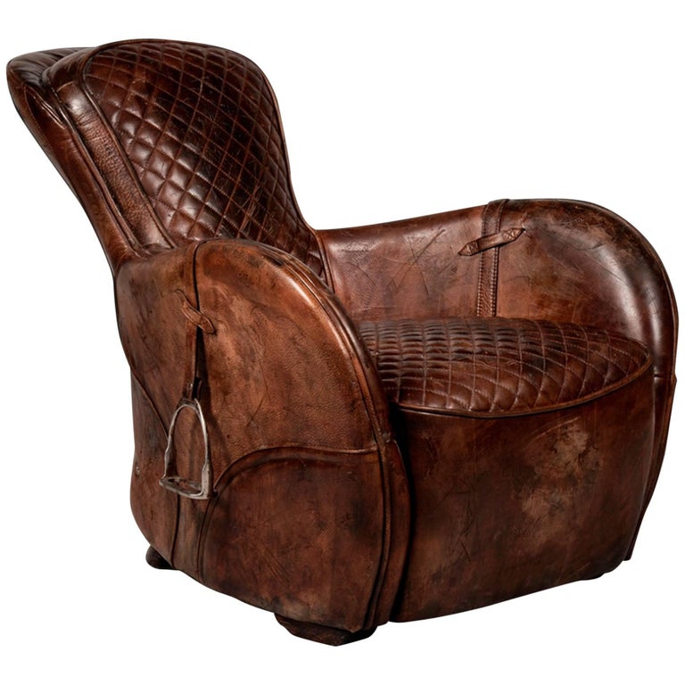 Saddle Old Brown Armchair in Genuine Vintage Brown Leather For Sale at