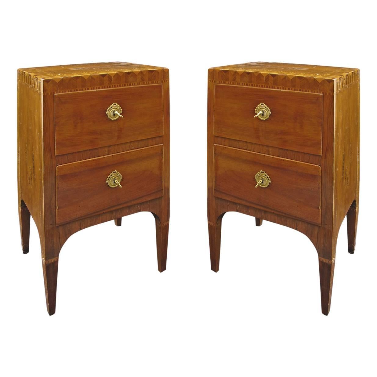 Tuscan 18th Century Walnut Bedside Tables with Inlay in Olive and Cherrywood