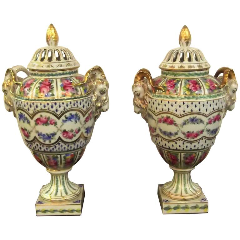 Pair of Antique HandPainted Porcelain Urns For Sale at 1stdibs