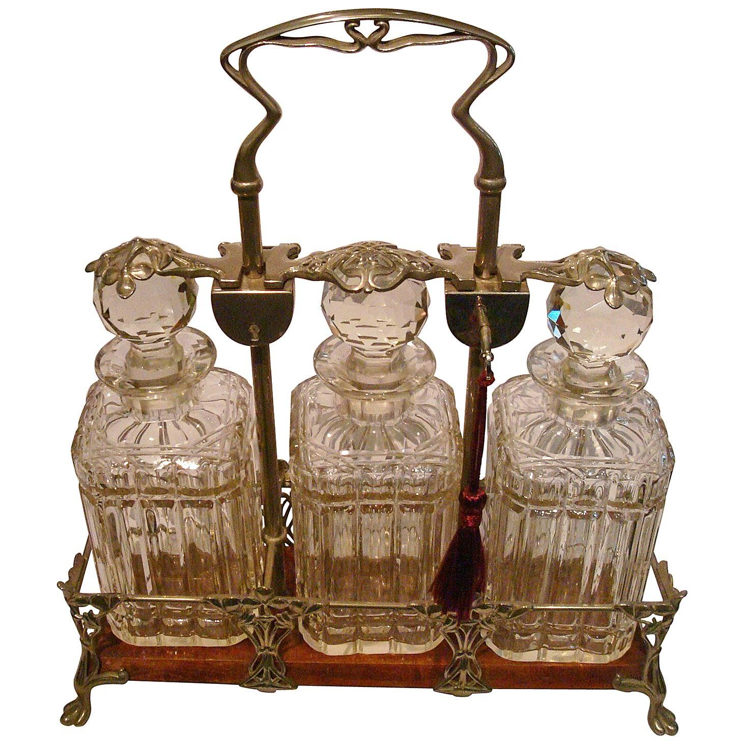 Antique Art Nouveau Brandy Whisky Tantalus Decanter Set, 1900s