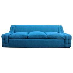 Vintage Blue Plinth Based Sofa with Tufted Arms