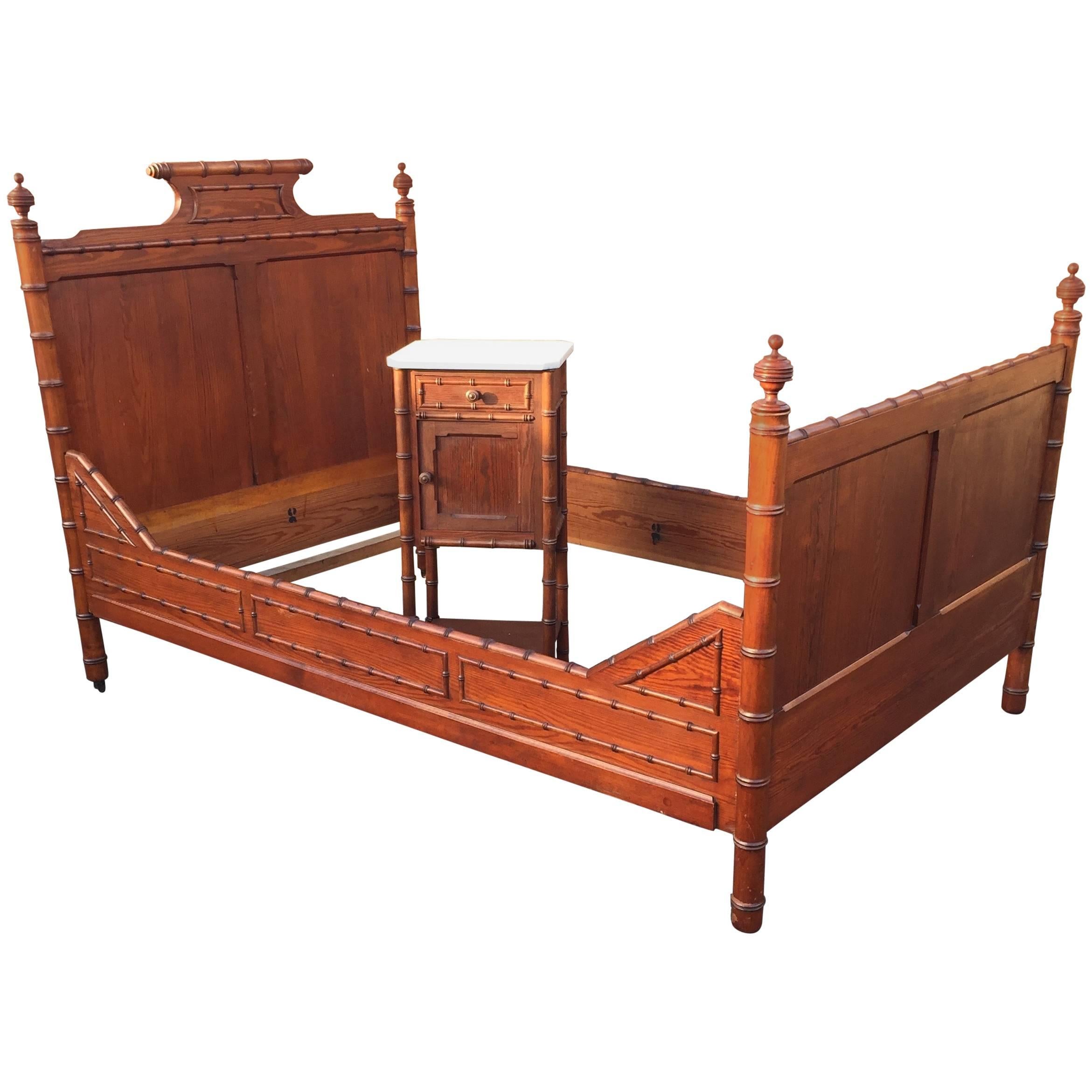 Antique French Faux Bamboo Pinewood Set, Bed with Nightstand / Bedside Cabinet 