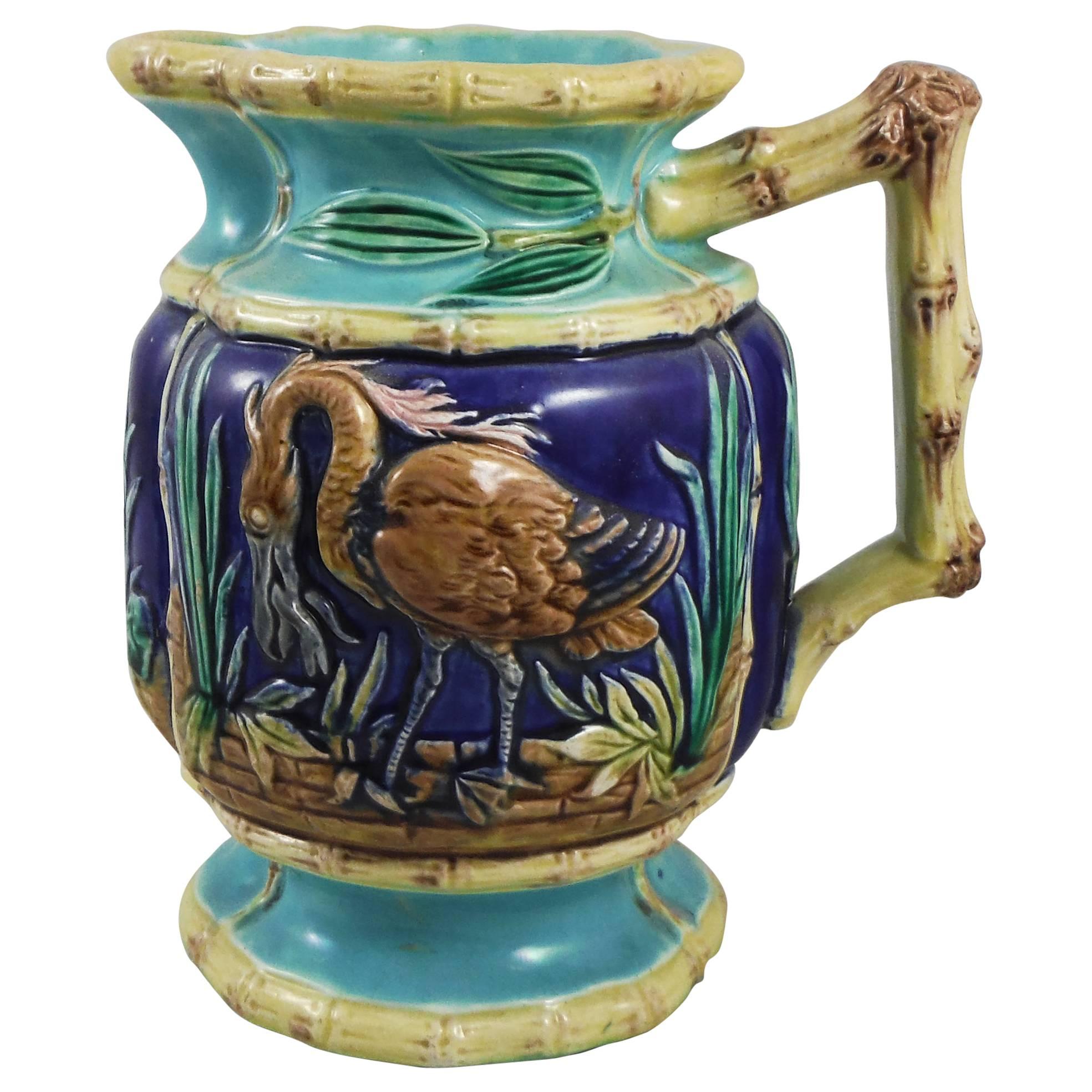 19th Century English Majolica Herons and Bamboo Pitcher Joseph Holdcroft
