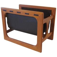 Danish Teak and Suede Magazine Rack