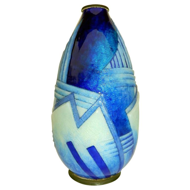 Camille Faure Art Deco Copper Enamel Geometric Design Vase For Sale at
