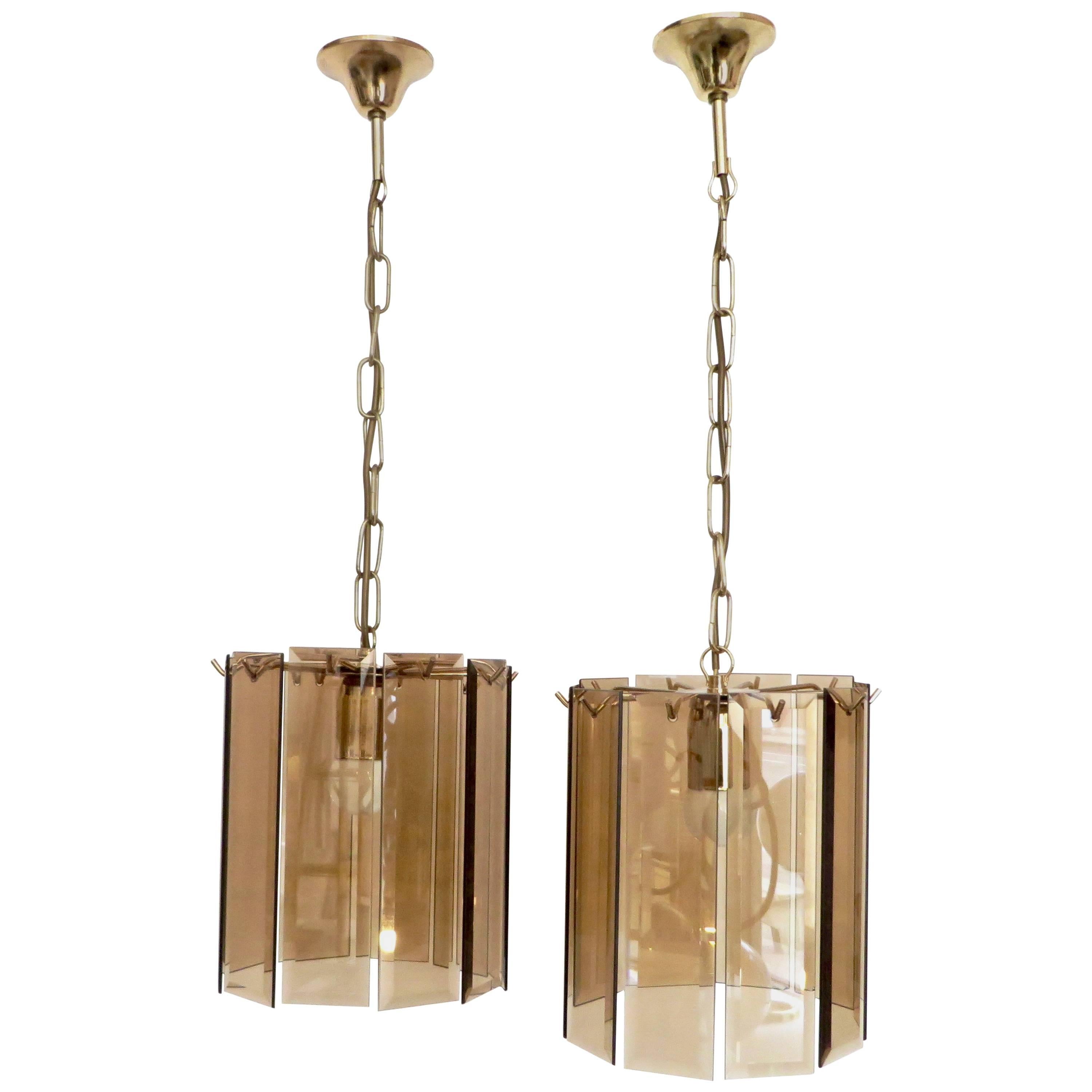Pair of Amber Beveled Italian Glass Chandeliers with Brass Details