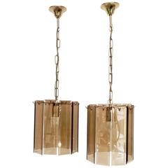 Pair of Amber Beveled Italian Glass Chandeliers with Brass Details 12