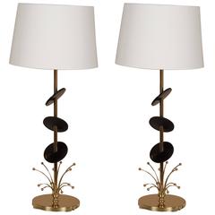 Pair of Brass Lamps with Black Discs and Brass 'Flares' Produced by Rembrandt