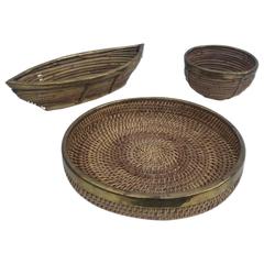 Trio of Rattan and Brass Bowls