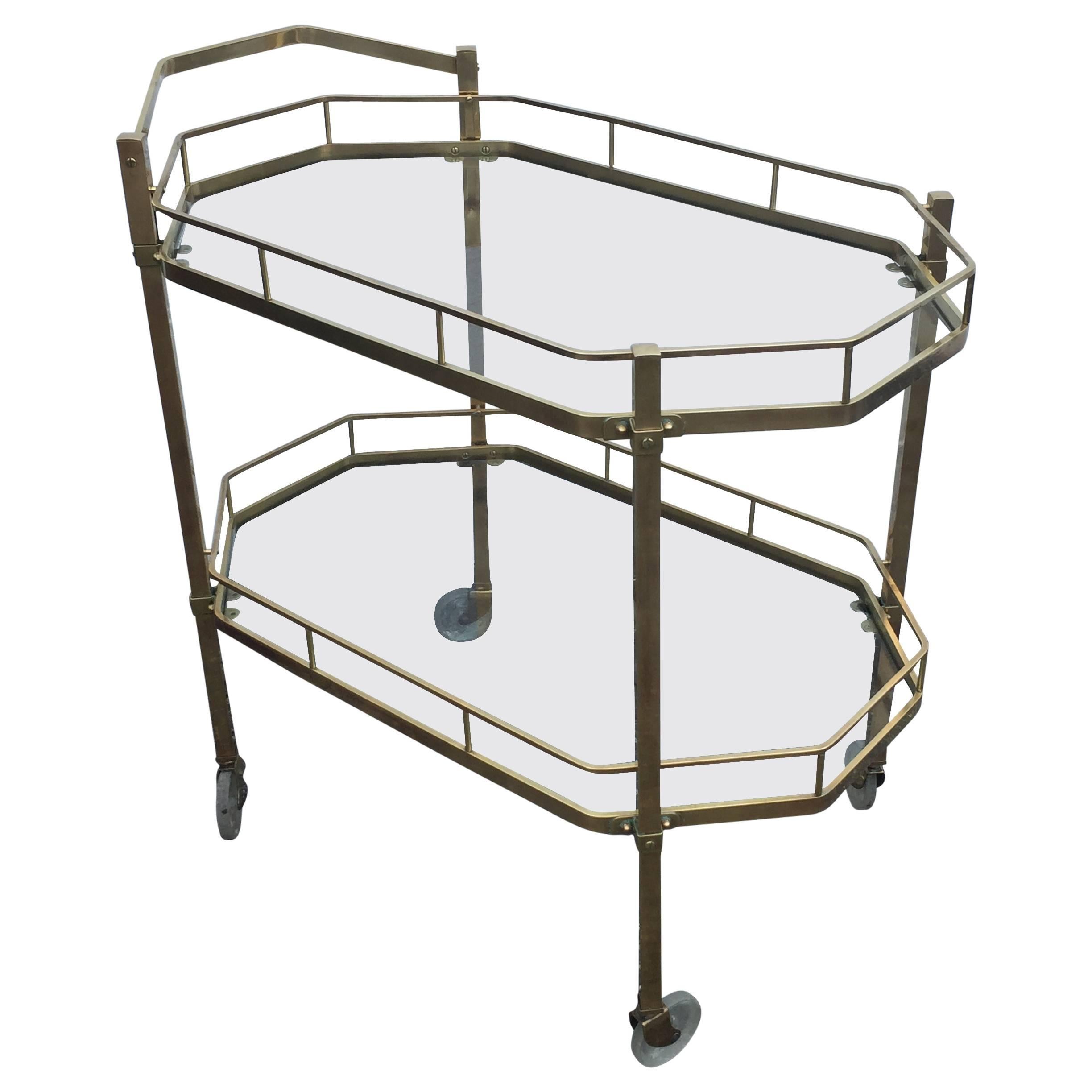 Mid-Century Pilished Brass and Glass Two-Tier Tea Cart For Sale