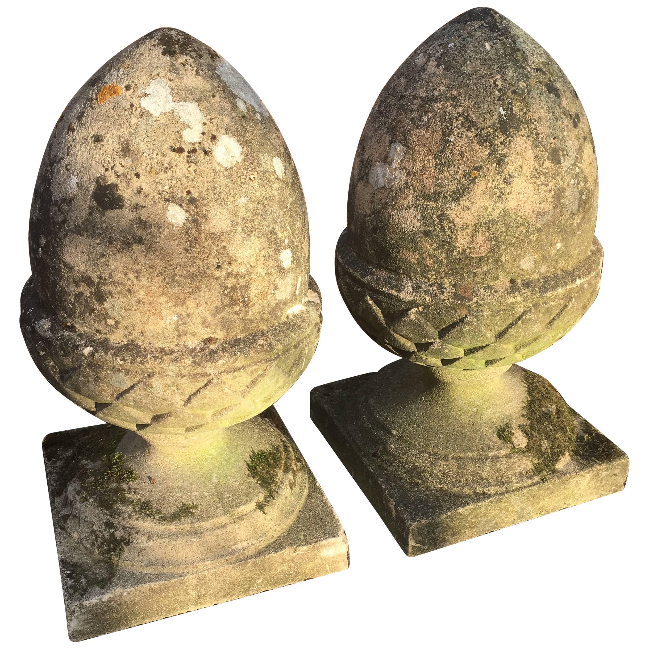 Pair of English Lichened and Mossy Cast Stone Acorn Finials at 1stDibs