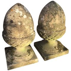 Pair of English Lichened and Mossy Cast Stone Acorn Finials