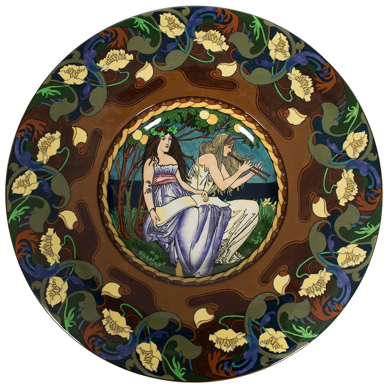 British Art Nouveau Period Wall Plate by Frederick Rhead for Foley, circa 1900 For Sale