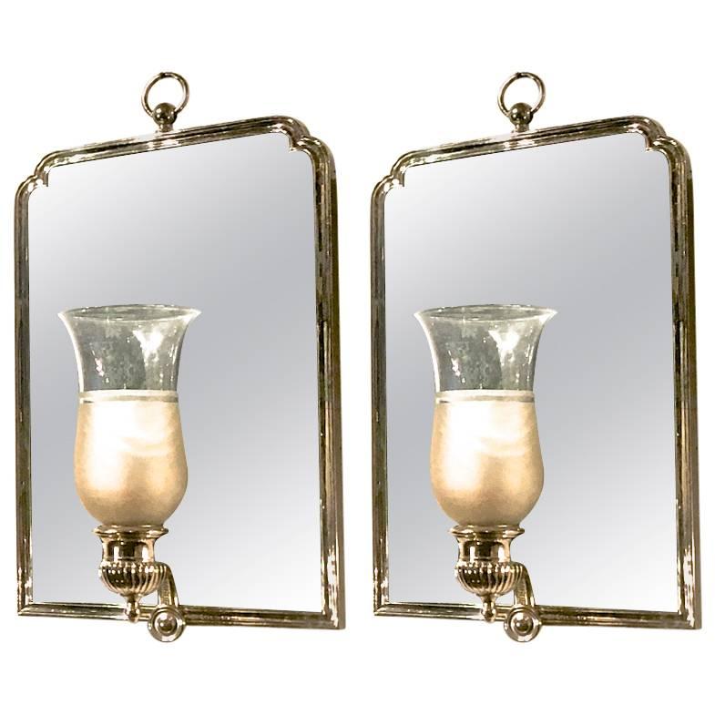 Maison Jansen Chic Pair of Neoclassic Silver Bronze Frame Mirrored Sconces For Sale