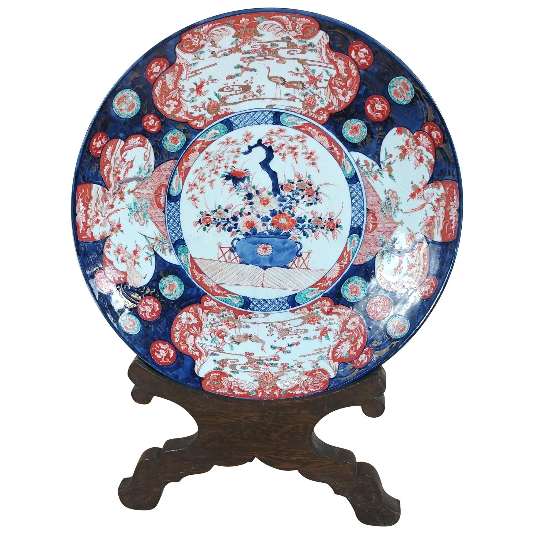 Large 19th Century  Imari Pottery Charger with Display Stand