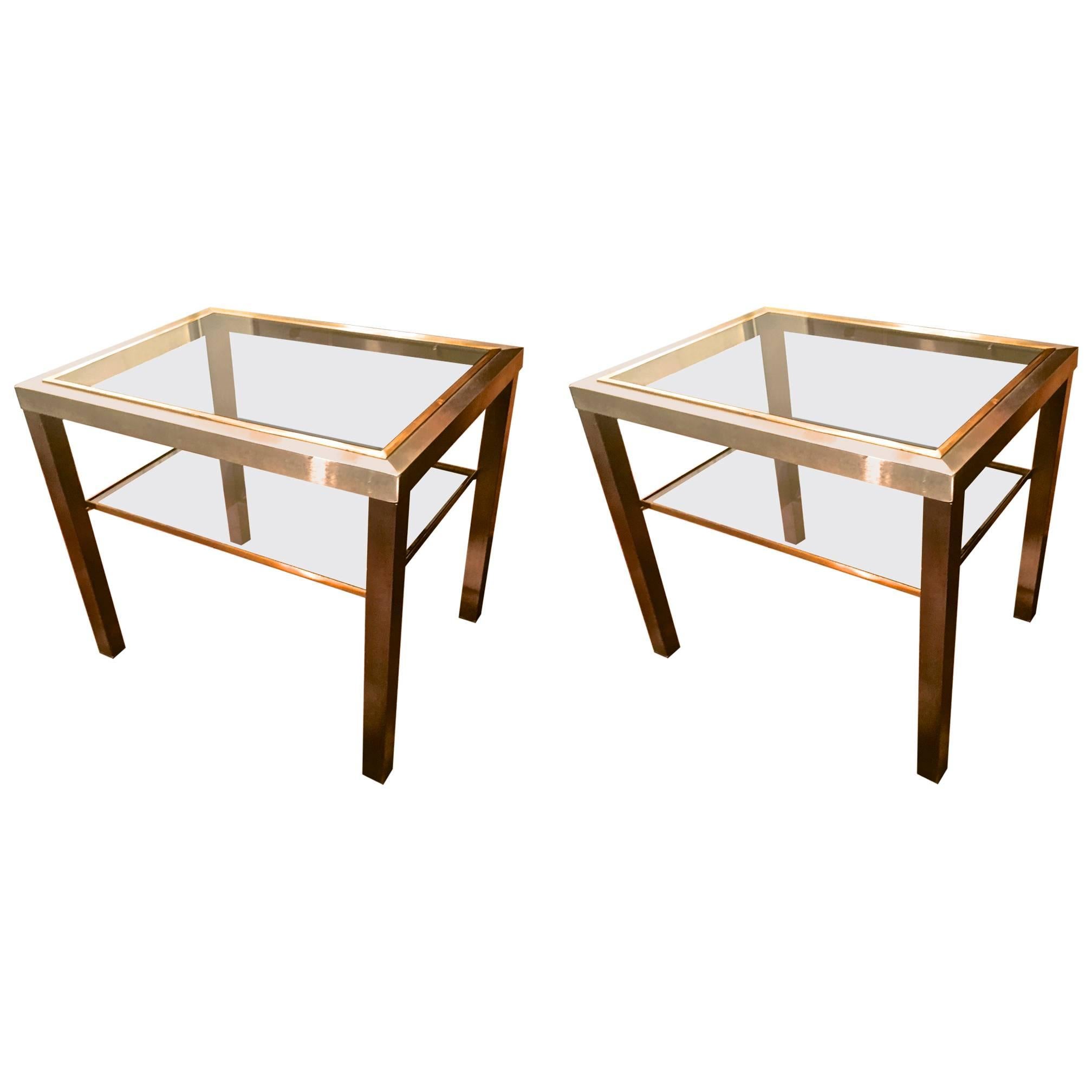 Guy Lefevre Pair of Pure Two Tiers Side Table in Brushed Steel and Bronze For Sale