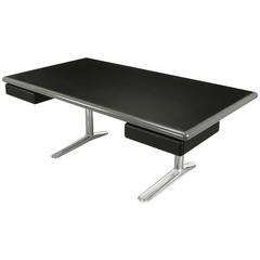 Warren Platner Chefschreibtisch aus stahlgrauer Eiche und schwarzem Leder