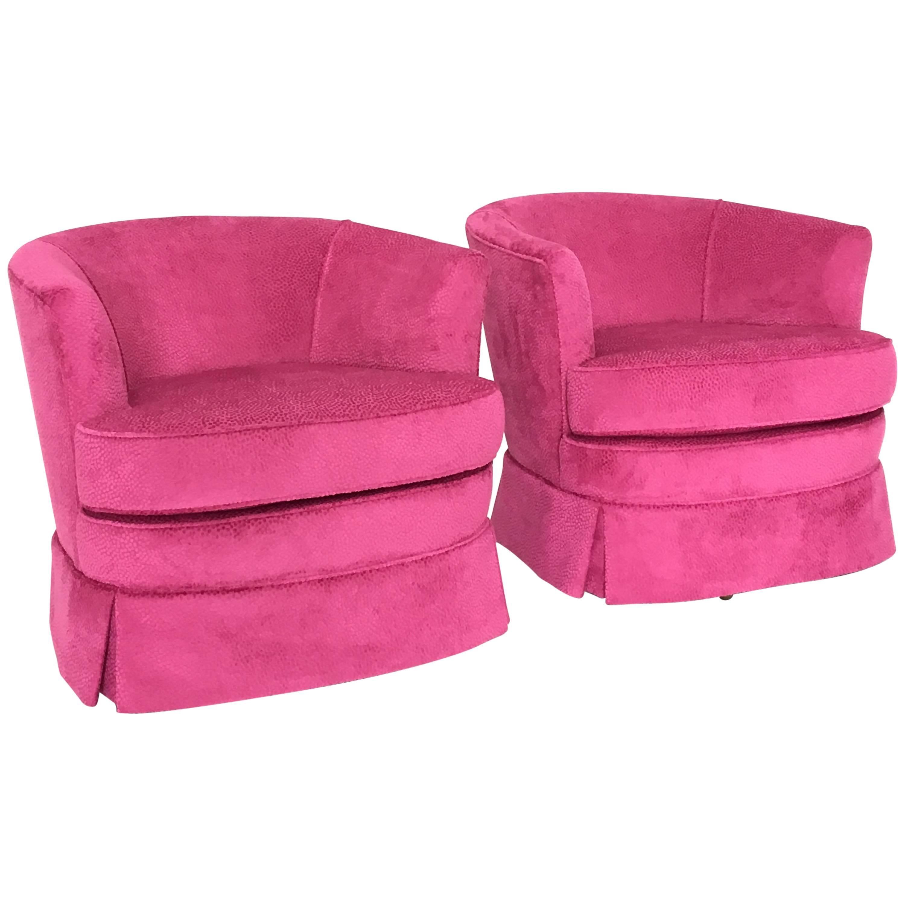 Pair of Pink Mod Velvet Swivel Bucket Chairs at 1stDibs