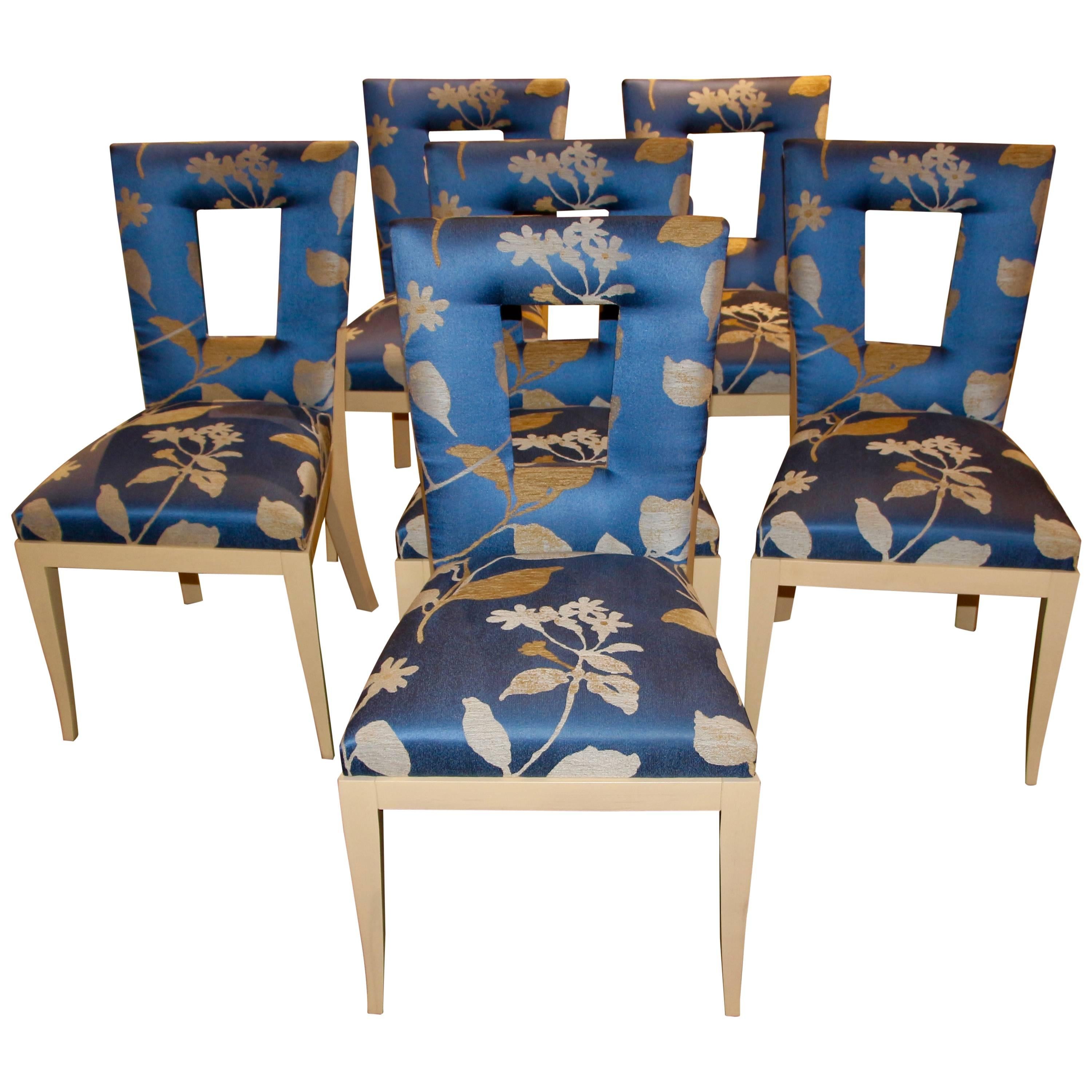 Set of Six Dakota Jackson Dining Chairs Upholstered in a Silk Donghia Fabric