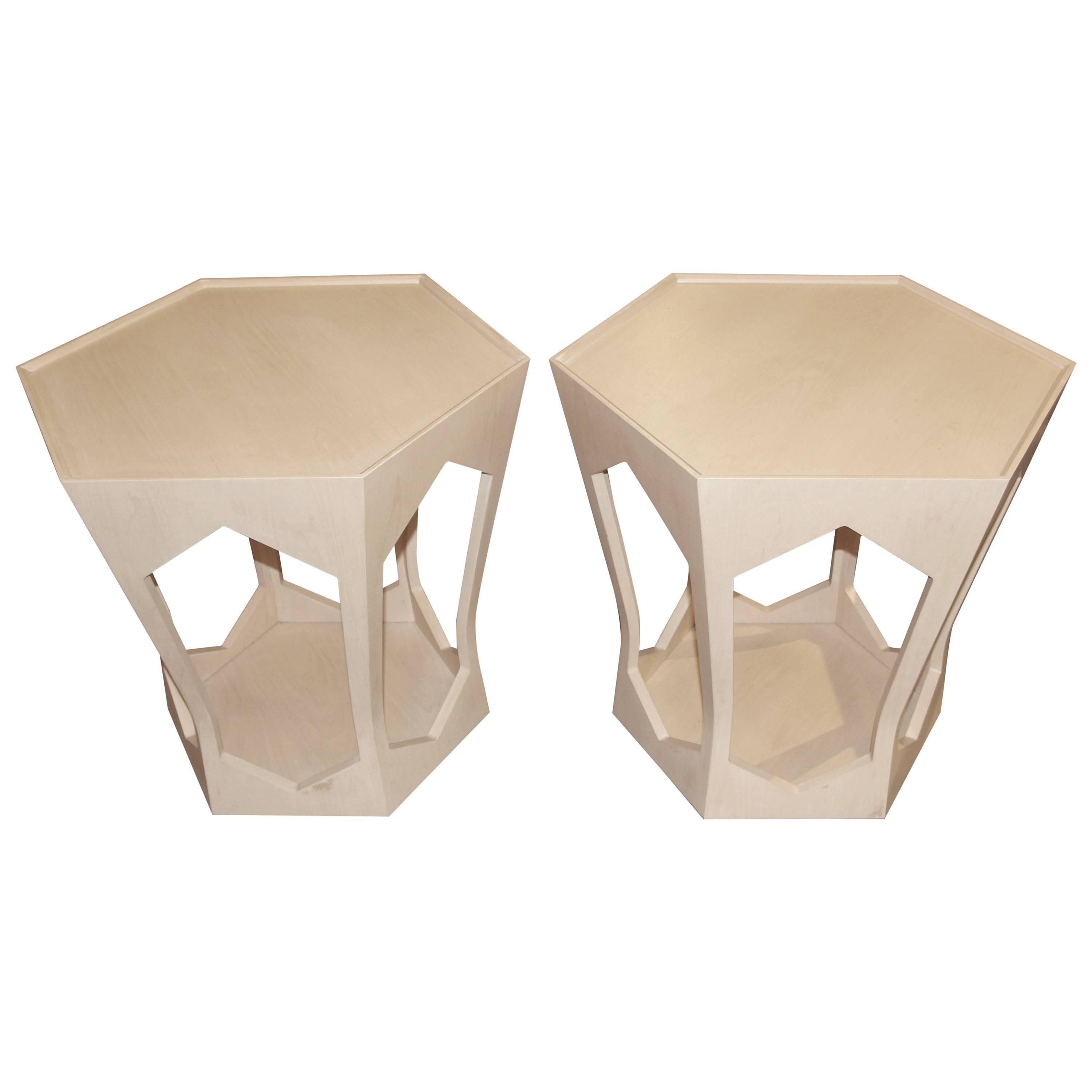 Pair of Hexagon 6 Sided Geometric Donghia Tables in Light Wood