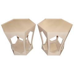 Vintage Pair of Hexagon 6 Sided Geometric Donghia Tables in Light Wood