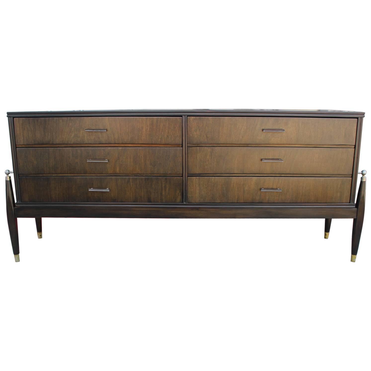 Modern Floating Six Drawer Dresser in Dark Walnut and Sleek Hardware