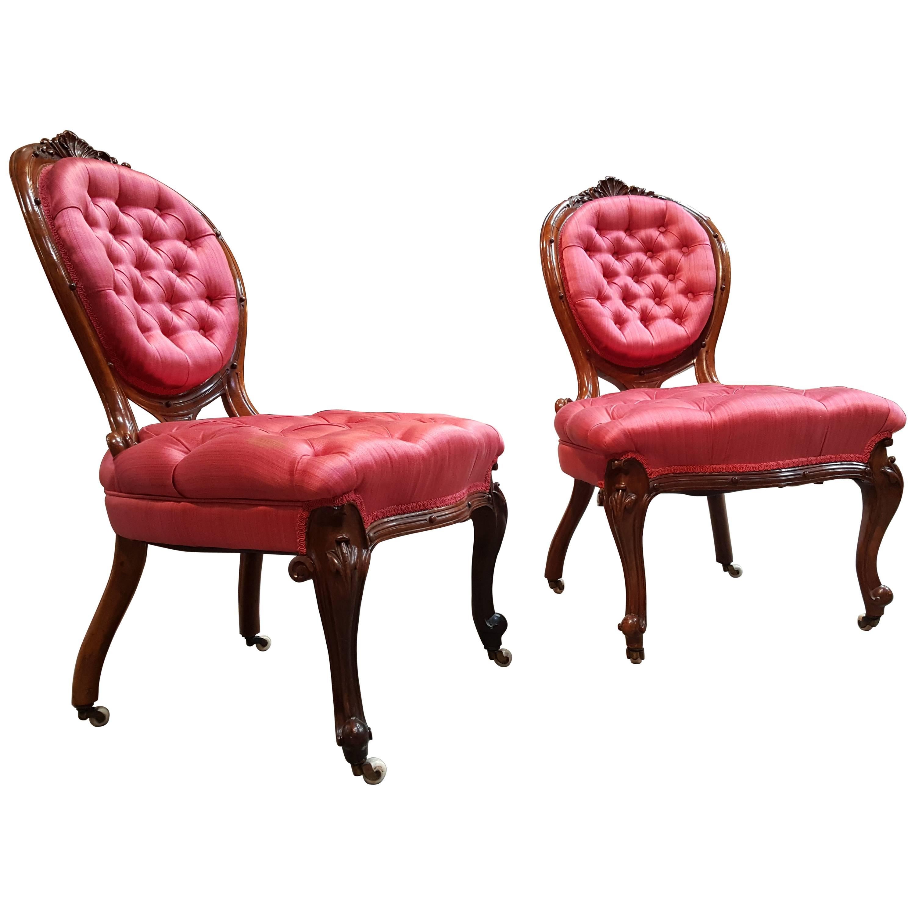 19th Century Carved Walnut Slipper Chairs For Sale