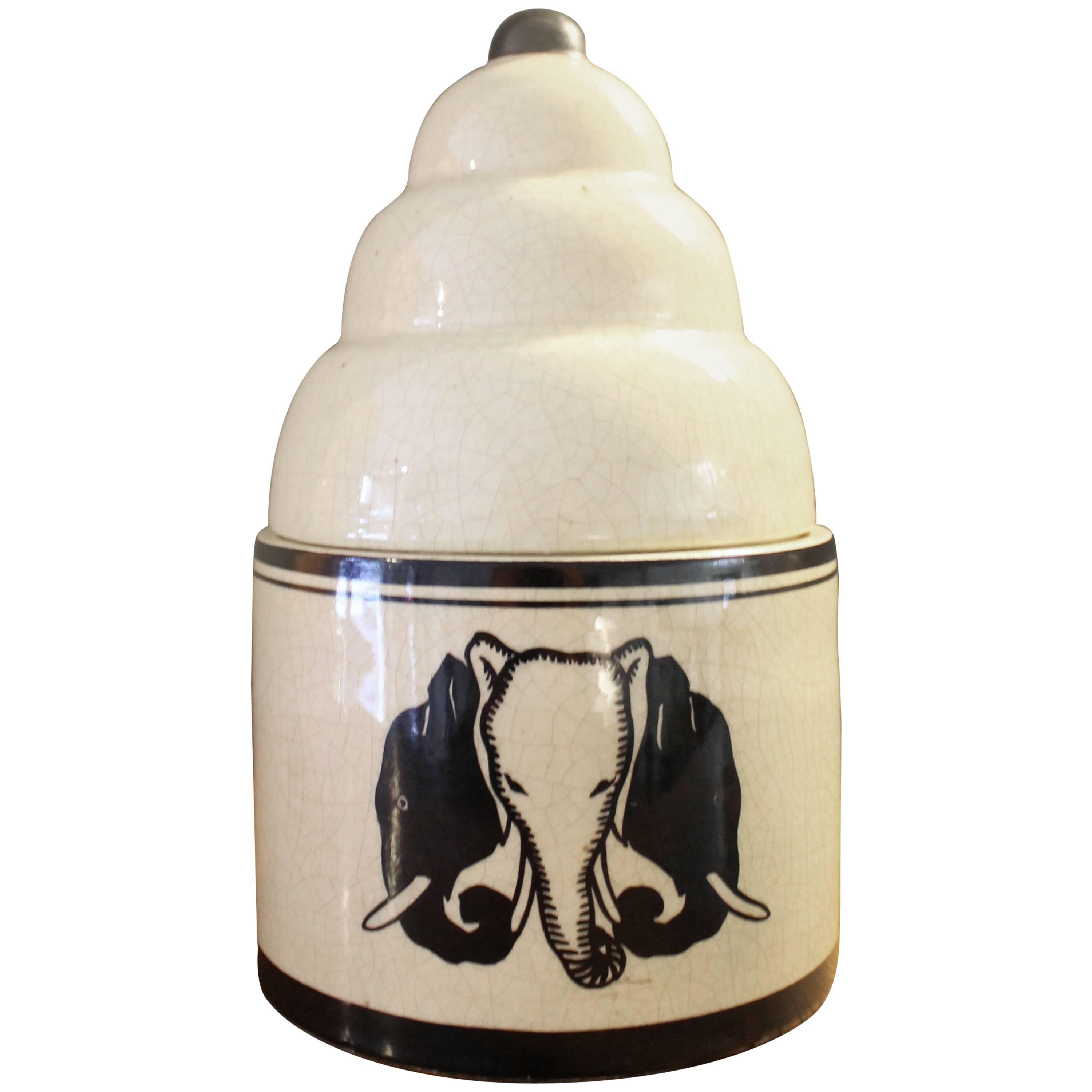 Art Deco Ceramic Vase with Lid Montières "Au Siamois" Elephant Print Samara For Sale