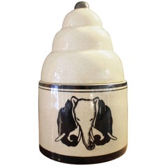 Art Deco Ceramic Vase with Lid Montières "Au Siamois" Elephant Print Samara