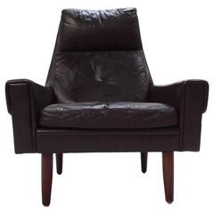 Danish Dark Brown Leather Highback Armchaor, Midcentury Chair, 1960s