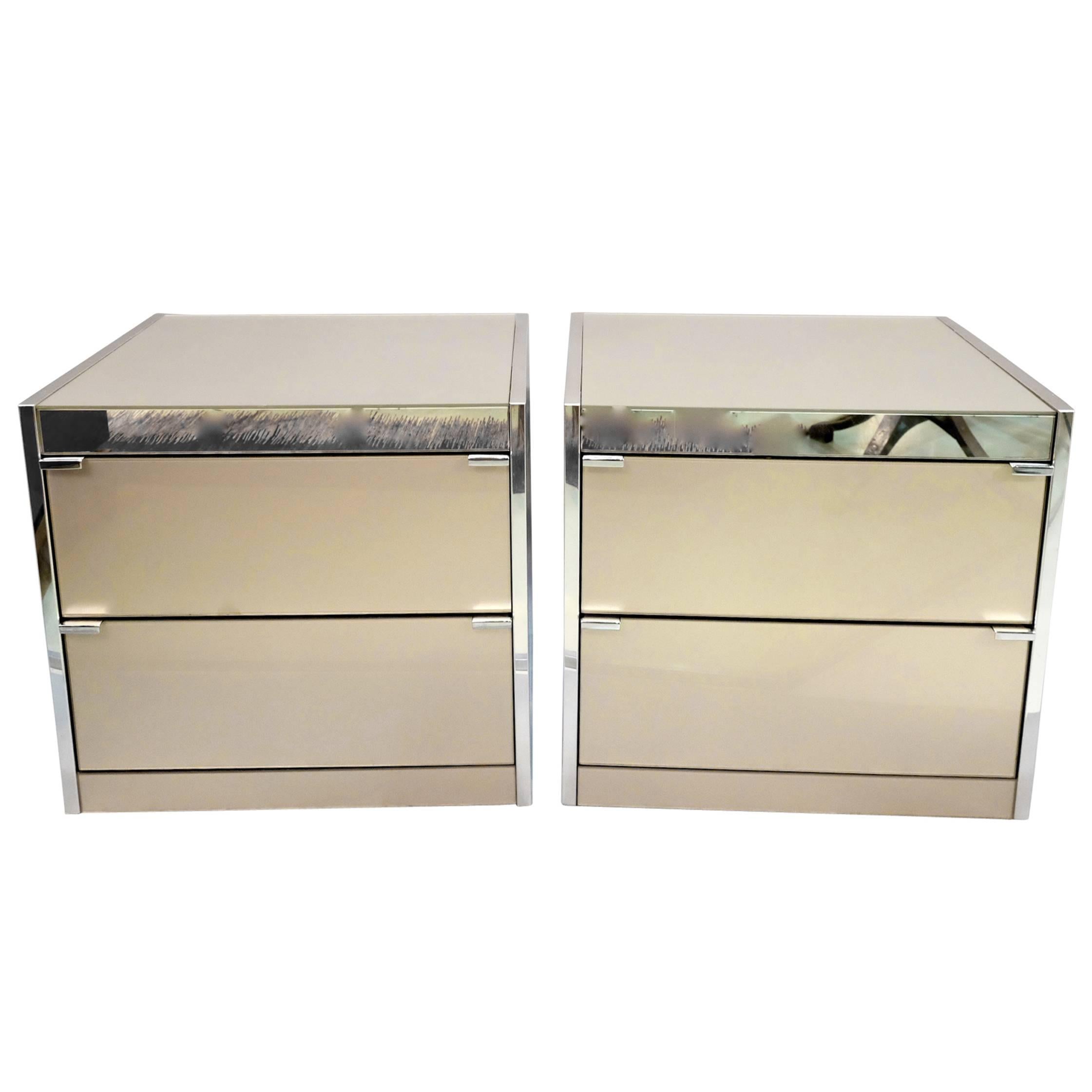 Pair of Glass and Mirror Bedside Tables For Sale
