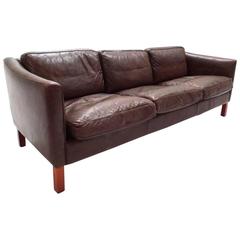 Danish Olive Brown Leather Three-Seat Sofa, Midcentury, 1960s