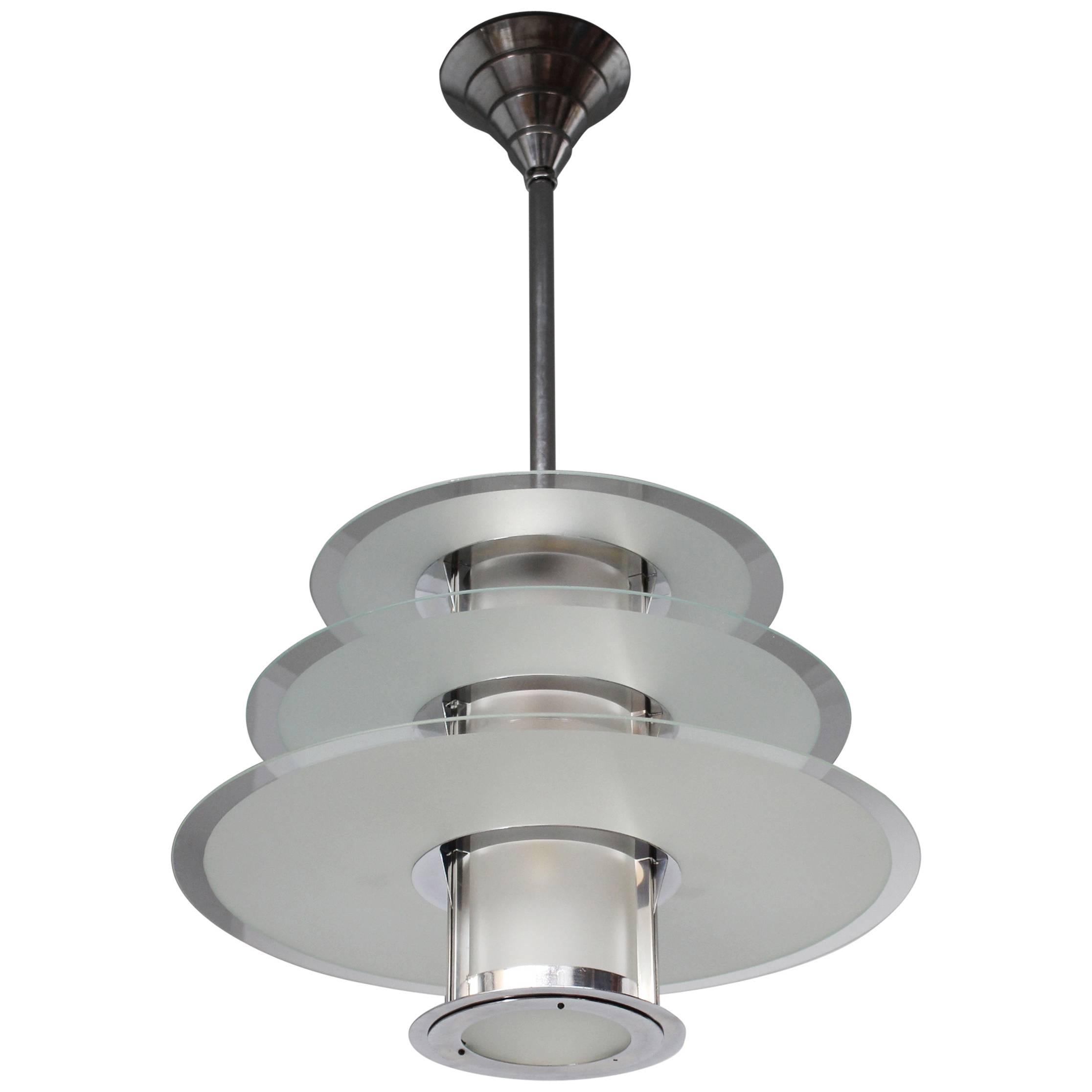 A Fine French 1930's Chrome and Glass Modernist Chandelier by Genet et Michon