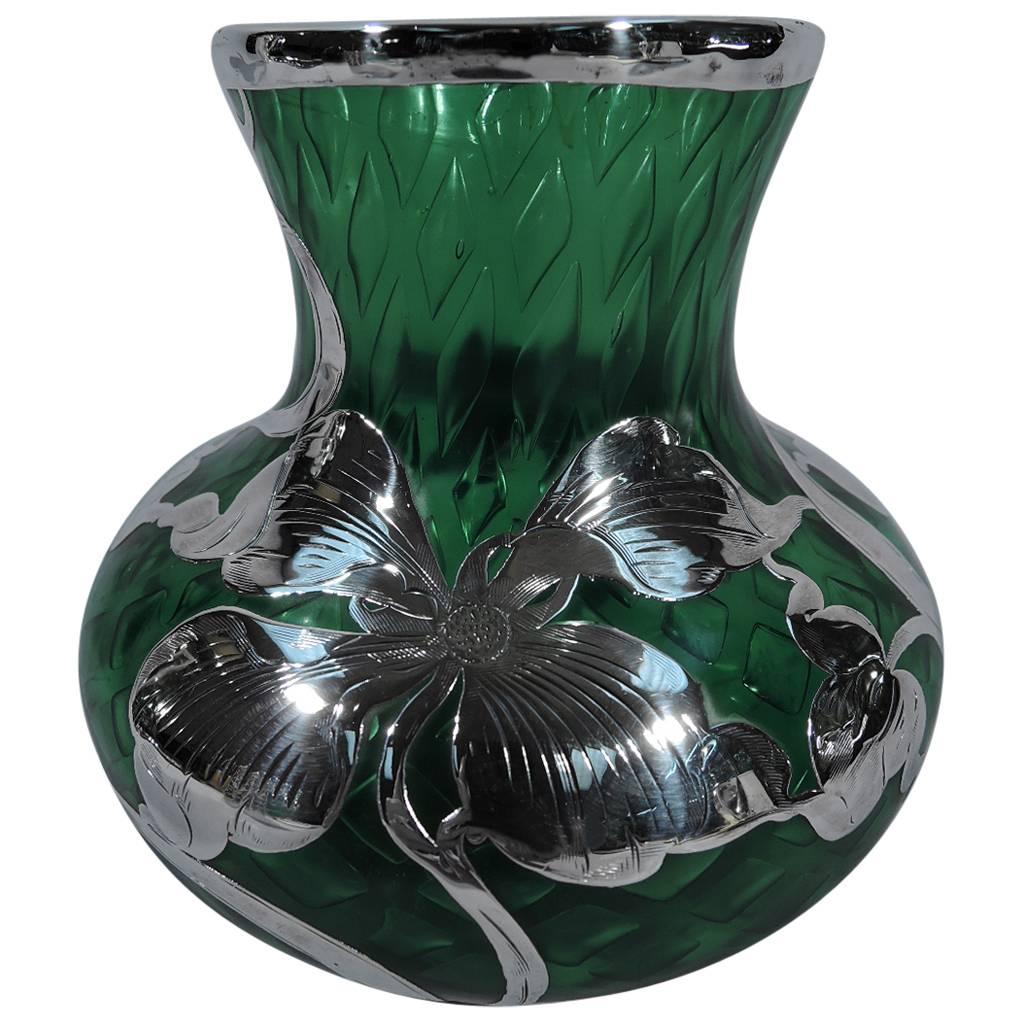 Art Nouveau Quilted Emerald Glass Silver Overlay Vase by La Pierre