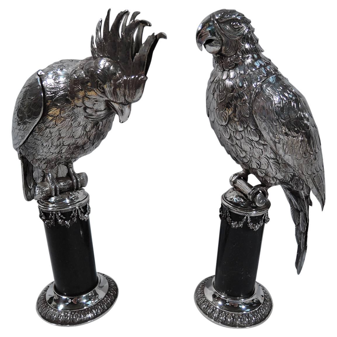 Antique German Silver Parrot Spice Boxes, a Pair of Pretty Pollies