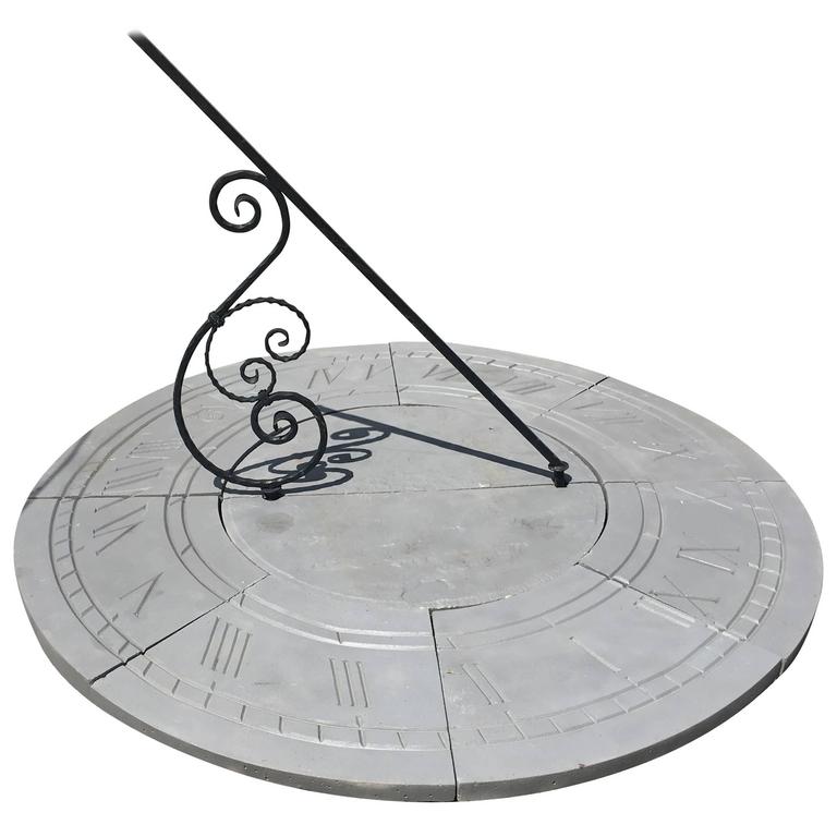 Six Foot Diameter English Cast Stone Sundial with Scrolled Gnomon at