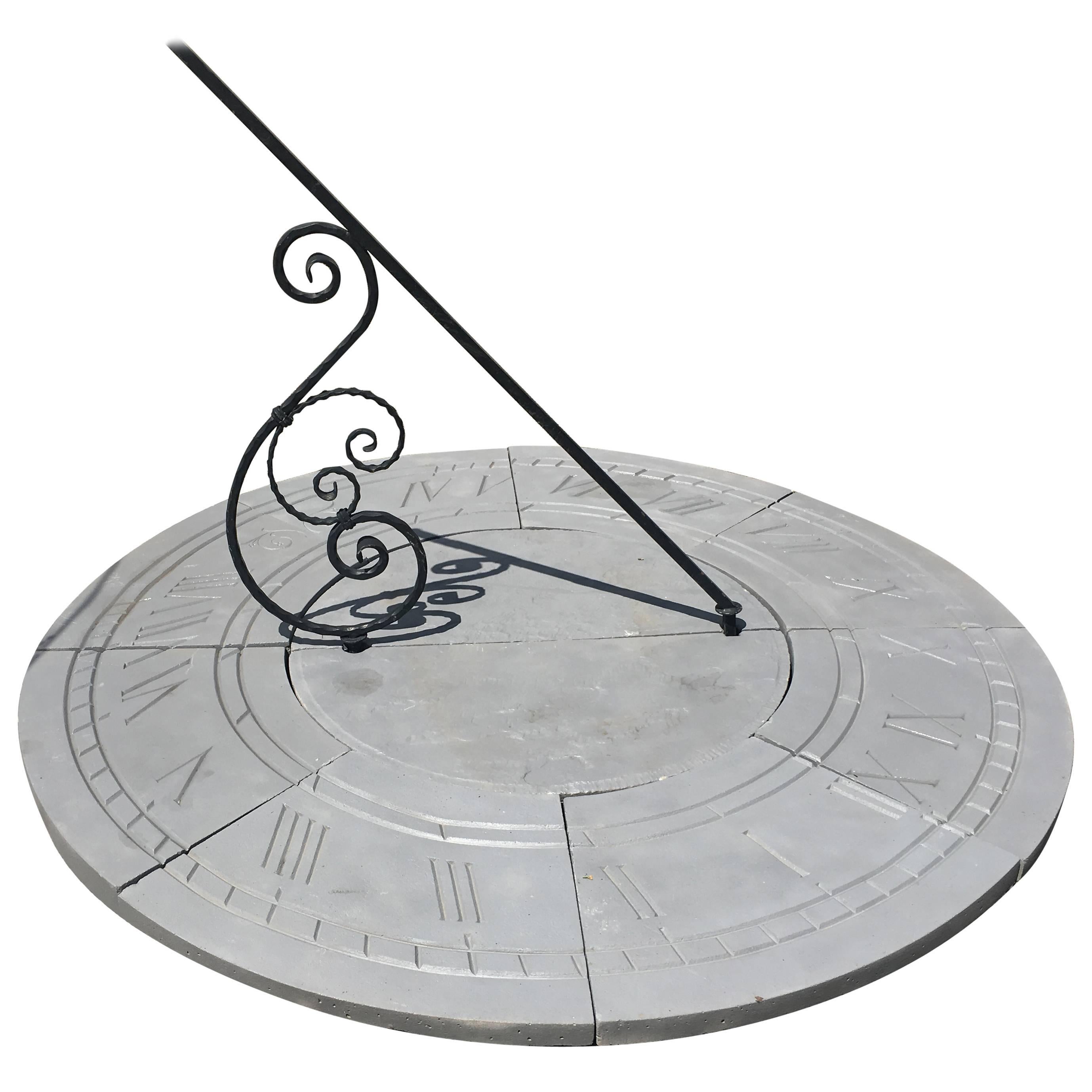 Six Foot Diameter English Cast Stone Sundial with Scrolled Gnomon