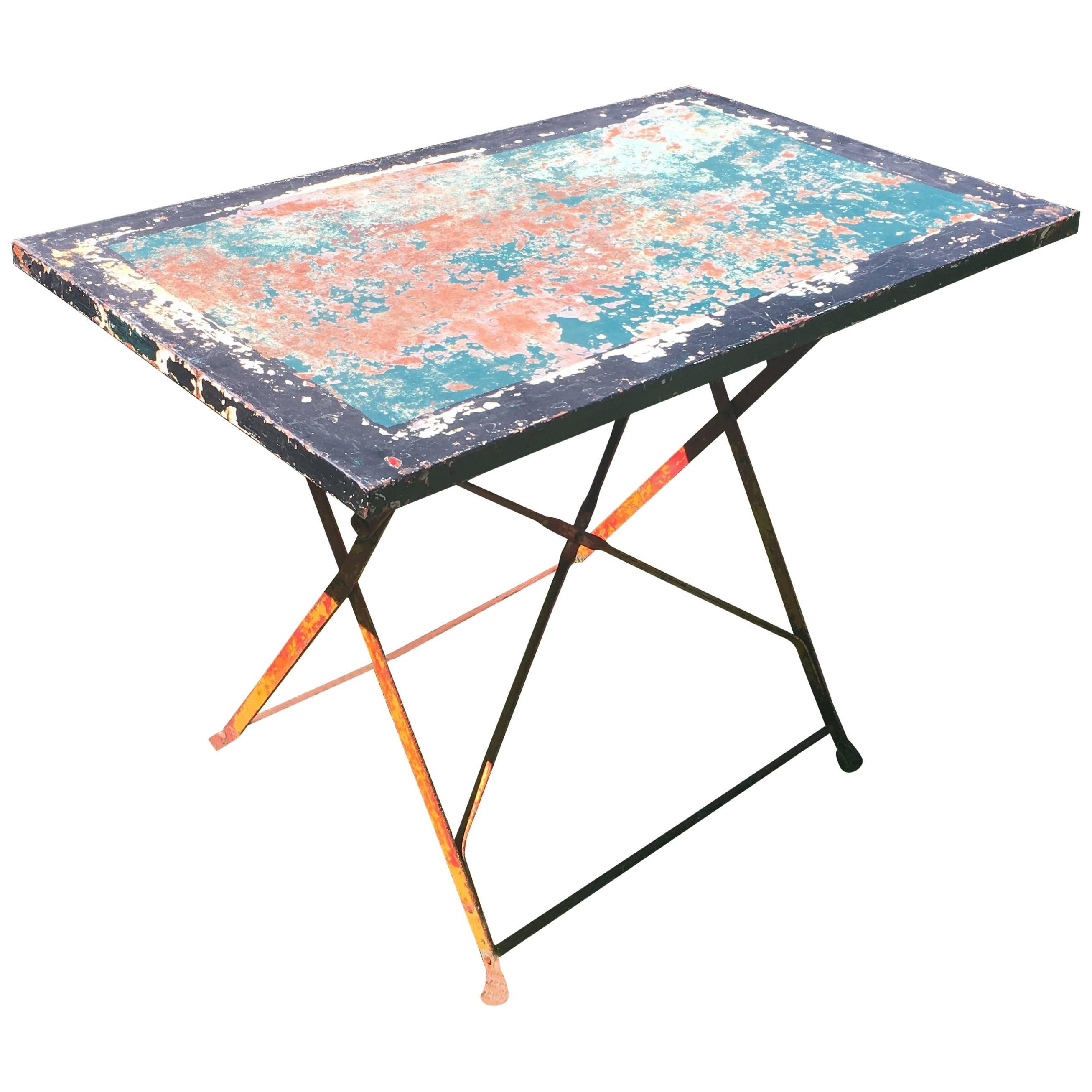 French Wrought and Sheet Iron Folding Garden Table in Original Paint
