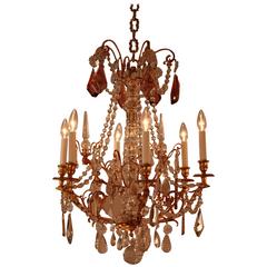 French 1930s Crystal and Doré Bronze Chandelier