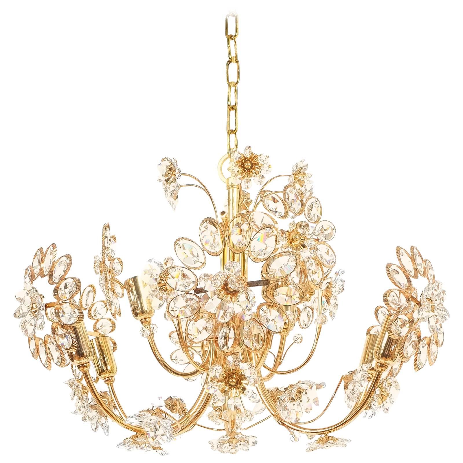 Palwa Flower Chandelier Gilt Brass and Glass, Germany 1970