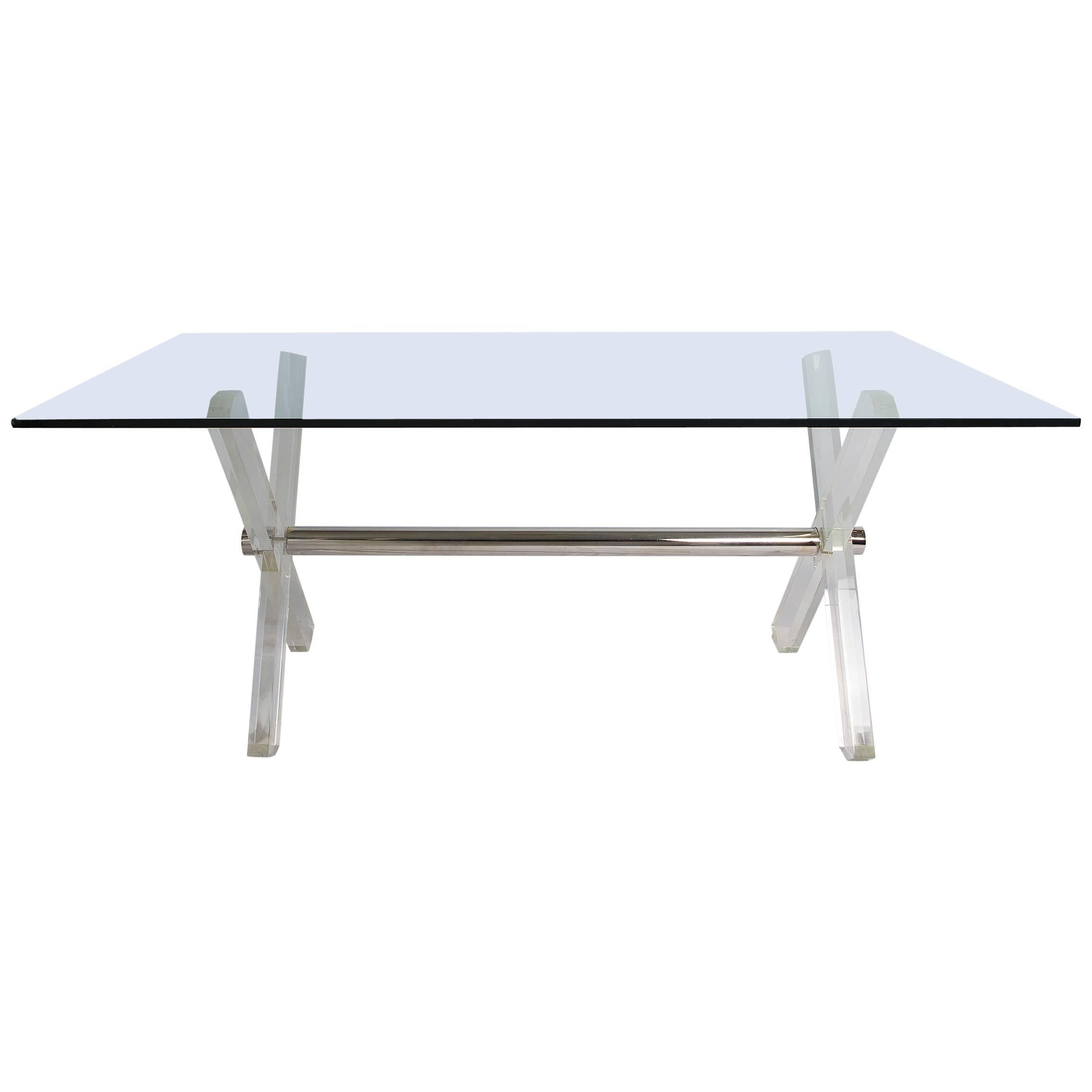 Steel and Lucite X Frame Dining Table For Sale