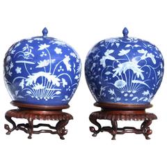 Antique Pair of Qing Chinese Jars, Covers and Stands